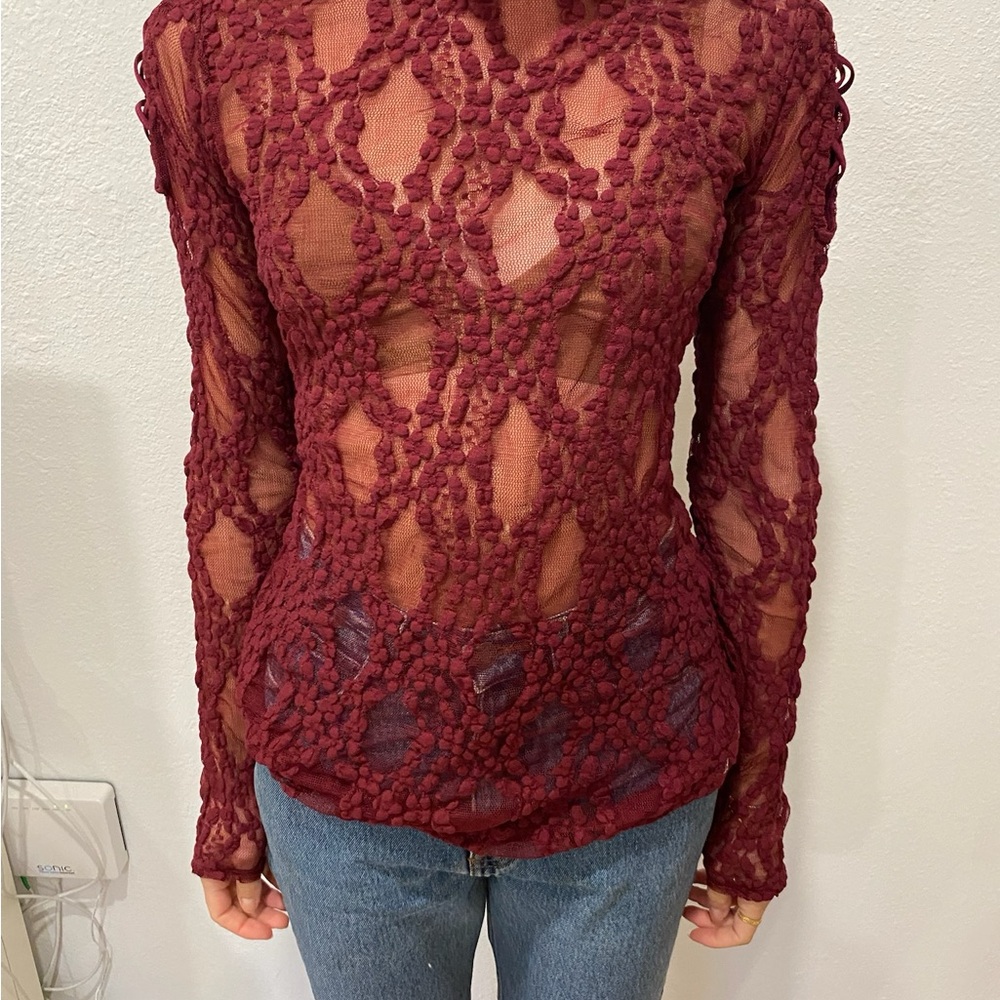 Free People Elegant Burgundy Lace Women Top medium